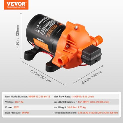 VEVOR 12V Diaphragm Pump, 1.8 GPM (6.81 L/min), 3-Chamber 12 Volt DC Water Pump with Automatic Pressure Switch 40-100 PSI Adjustable, 60 PSI, 1/2'' MNPT Port, for RV Yacht Food Truck Camper Marine - size: 12V, 1.8GPM, 60PSI(Adjustable)