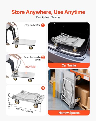 VEVOR Heavy Duty Platform Truck, 2000 LBS Steel Large Flatbed Cart with 360° Swivel Wheels & Brakes, Foldable Platform Hand Push Truck Dolly for Easy Storag/Groceries/Garage/Warehouse (36" X 24") - size: 35.4 x 23.6 x 35.4 in /900 x 600 x 900 mm