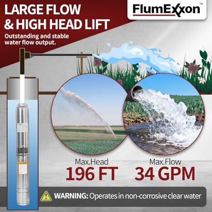1HP Deep Well Submersible Pump 115V/60Hz, 34GPM, 196ft Head, with 33ft Cable, Stainless Steel Water Well Pump for 4'' Deep Well, Industrial, Irrigation and Home Use Submersible Well Pumps - color: Silver