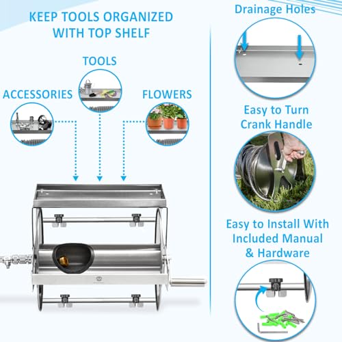 Morvat Stainless Steel Metal Water Hose Reel for 150FT Hose, Retractable Garden Hose Holder with Storage Shelf & Crank, Wall/Floor Mount, Includes 5Ft Leader Hose with ON/OFF Valve & Accessories - style: 150FT Reel