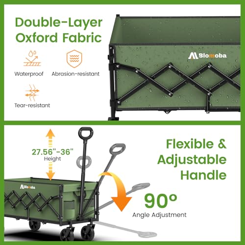 Blomoba 35" Extra Long Folding Wagon with Adjustable Handle & Wheels, Green - color: Green