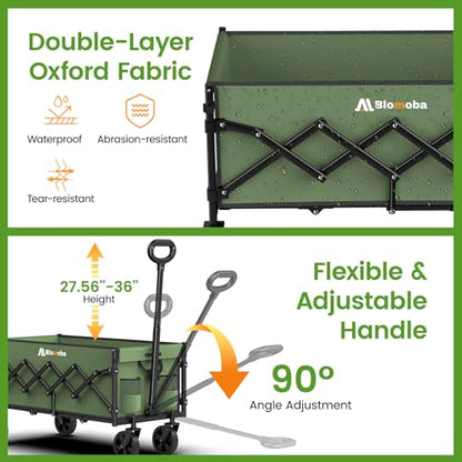 Blomoba 35" Extra Long Folding Wagon with Adjustable Handle & Wheels, Green - color: Green