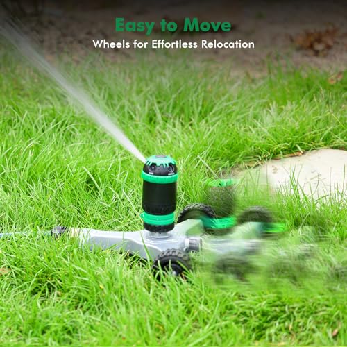 RESTMO Gear Drive Sprinkler with Metal Wheeled Base,Portable Lawn Sprinkler