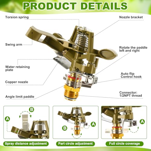Funnymoom 4 Pcs Lawn Sprinklers for Yard Impact Sprinkler Head on Tripod Base Brass Head 1/2 Inch Zinc Impact Sprinkler Rotating Adjustable Metal Tripod in 18-36-inch Heavy Duty for Large Garden