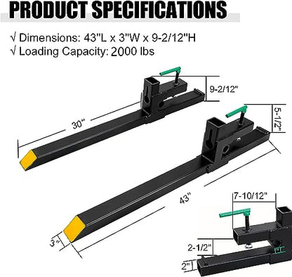 Pallet Forks, Clamp On Tractor Bucket Forks with Adjustable Stabilizer Bar, Heavy Duty Front Loader Forks, Fork Attachment for Skid Steer,Loader Bucket,43''Without Stabilizer Bar - size: 43''without Stabilizer Bar