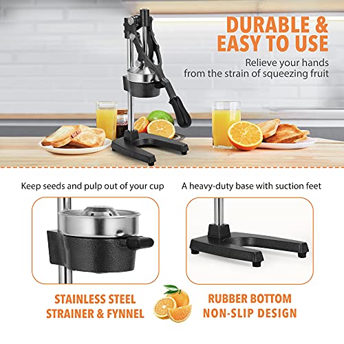 19 Inch Height Extra Tall Commercial Heavy Duty Cast Iron Hand Press Manual Orange Citrus Lemon Lime Grapefruit Pomegranate Fruit Juice Squeezer Machine with Stainless Steel Cup Black - color: Black, size: 19 Inch