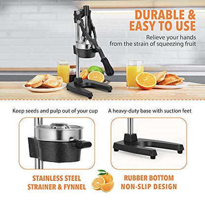 19 Inch Height Extra Tall Commercial Heavy Duty Cast Iron Hand Press Manual Orange Citrus Lemon Lime Grapefruit Pomegranate Fruit Juice Squeezer Machine with Stainless Steel Cup Black - color: Black, size: 19 Inch