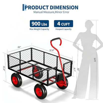 Garvee Steel Garden Cart Wagon,900 Lbs Wheelbarrow Yard Cart-Black&Red - color: Black Red, size: 900lbs