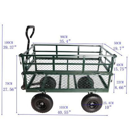 Heavy Duty Steel Garden Cart, Metal Utility Wagon Cart with Inflatable Tires and Pull Handle, 2-in-1 Convertible Flatbed Wagon with Double-Deck Detachable Side for Farm, Garden, Yard, Green - color: Green