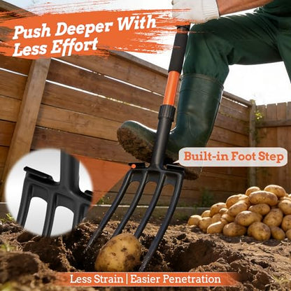 Garden Fork for Digging, 4-Tine Pitch Fork with Foot Step, Ergonomic Y-Handle & Comfortable Grip, Lightweight Durable Pitchfork for Soil Loosening, Compost, Mulch, Weeding & Potato Harvest - 43 Inches - size: 43-inchs