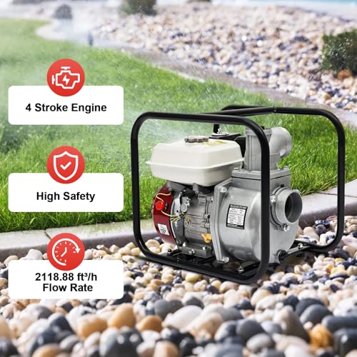 Dfmyhked‌ 3'' 7.5HP Gas Water Pump, 210cc Engine, 4-Stroke Portable Trash Transfer Pump With 98ft Head & Air-Cooled, Gas Powered Water Pump for Garden Irrigation, Greenhouse Planting