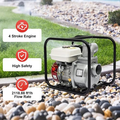 Dfmyhked‌ 3'' 7.5HP Gas Water Pump, 210cc Engine, 4-Stroke Portable Trash Transfer Pump With 98ft Head & Air-Cooled, Gas Powered Water Pump for Garden Irrigation, Greenhouse Planting