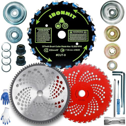 9" x 20T Chainsaw Tooth Brush Cutter Blades, 9" x 36 Teeth Carbide Tipped Blades, 10" x 80T Carbide Tip Blades,Trimmer Blades,1'' / 2.54MM Arbor Size (3 Blades with Adaptor Kits)