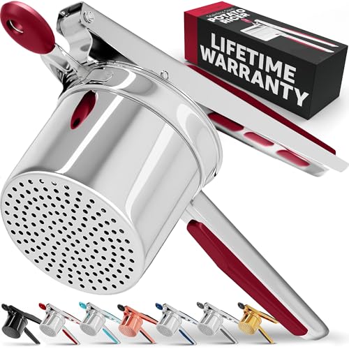 PriorityChef Large 15oz Potato Ricer, Heavy Duty Stainless Steel Potato Masher and Ricer Kitchen Tool, Press and Mash Kitchen Gadget For Perfect Mashed Potatoes - Everytime, Red - color: Red