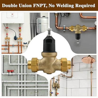 1" NR3XLDU Bronze Water Pressure Reducing Valve, 1-NR3XLDU with Double Union FNPT Connection, Has a Built-in Stainless Steel Filter Screen, No Lead Water Pressure Regulator for Home & Commercial Use