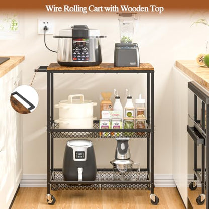 3 Tier Rolling Utility Kitchen Cart on Wheels, Heavy Duty Wire Rolling Cart with Wooden Top, Commercial Metal Serving Cart with Handle, Kitchen Island Food Storage Trolley for Laundry, Office, Garage - color: Wooden-black