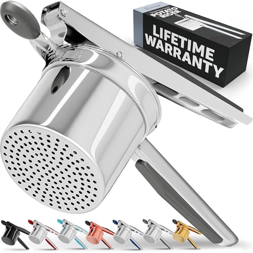 PriorityChef Large 15oz Potato Ricer, Heavy Duty Stainless Steel Potato Masher and Ricer Kitchen Tool, Press and Mash Kitchen Gadget For Perfect Mashed Potatoes - Everytime, Grey - color: Gray
