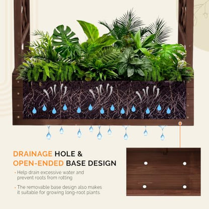 VINGLI 45 in Raised Garden Bed with Trellis & Hanging Roof, Wooden Elevated Planter Box with Drainage Holes for Outdoor Climbing Plants Vegetables Flowers, Patio Yard Balcony (Carbonized Wood, Medium)