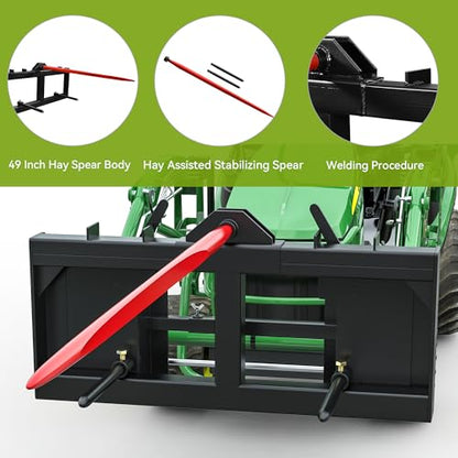 AUTOSAVER88 49" Skid Steer Hay Spear Attachment, 2000lbs Capacity