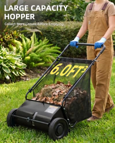 Push Lawn Sweeper, 27.5 in Yard Sweeper with 6 cu ft Bag - color: Black, size: 27.5 in