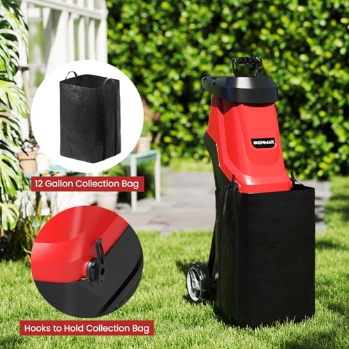 15 Amp Electric Wood Chipper Shredder, Corded Wood Mulcher Shredder with Plunger, Collection Bag & 15:1 Reduction, Garden Shredder with Wheels for Branches, Leaves, Waste(Red)