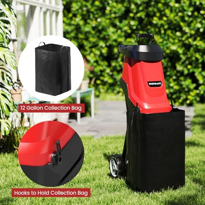 15 Amp Electric Wood Chipper Shredder, Corded Wood Mulcher Shredder with Plunger, Collection Bag & 15:1 Reduction, Garden Shredder with Wheels for Branches, Leaves, Waste(Red)
