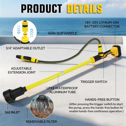 Cordless Stick Transfer Pump for Dewalt 20V Battery, 635 GPH Water Transfer Pump, Cordless Battery Operated Water Pump with 1m Hose, Portable Sump Pump Transfer Pump for Pool,Basement,RV (Tool Only)