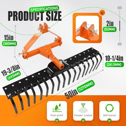 KUAFU 50" 3 Point Landscape Rock Rake for Category-0 Cat-0 Tractor with - style: Orange