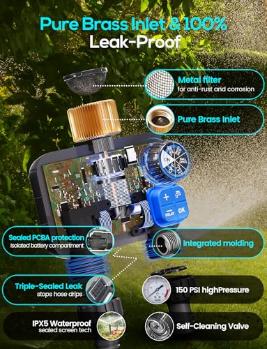 Sprinkler Timer, Programmable Irrigation Water Timer with 2 Brass Inlet for Garden Hose, Automatic Watering System for Yard Lawn, Rain Delay