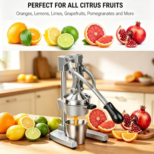 Cast Iron Orange Juicer Squeezer Hand Press Heavy Duty Countertop Squeezer Manual Citrus Juicer with Stainless Steel Cup for juicing oranges, lemons, pomegranates, limes, citrus, etc（silvery） - color: Silvery