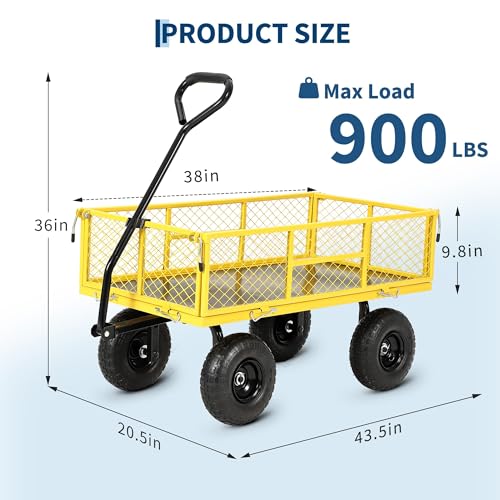 900 Lb Capacity Heavy Duty Steel Garden Cart – 2-in-1 Utility Wagon with Removable Mesh Sides, 10" All-Terrain Tires, Flatbed Conversion, 180° Rotating Handle – Perfect for Lawn, Garden & Backyard - color: Yellow
