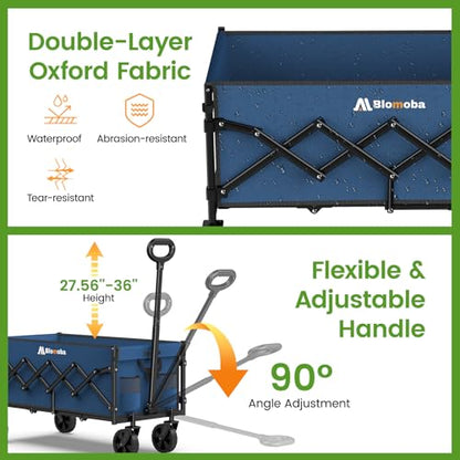 Blomoba 35" Extra Long Folding Wagon with Adjustable Handle & Wheels, Blue - color: Blue