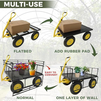 Heavy Duty 1400 lbs Capacity Steel Garden Cart with Removable Mesh Sides & 16" Tires, Convertible Flatbed Utility Wagon for Farm, Yard, Lawn, and Beach Use, Yellow - color: Yellow, size: 1400 LBS