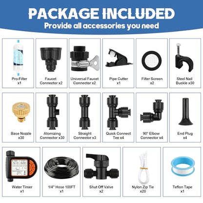 Kalolary 100FT Misting Cooling System with Timer and 30 Brass Mist Nozzles - size: 100FT with Water Timer