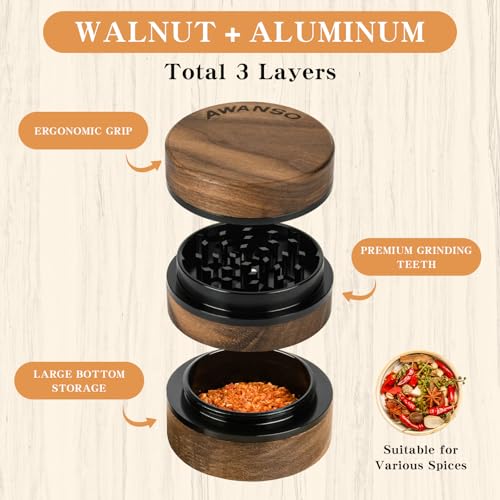 3-Piece Grinder, 2.5" Walnut Wood & Aluminum Grinder for Kitchen Spices with Large Bottom Chamber