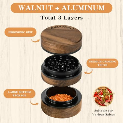 3-Piece Grinder, 2.5" Walnut Wood & Aluminum Grinder for Kitchen Spices with Large Bottom Chamber