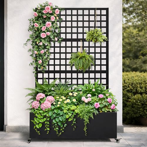 Metal Raised Garden Bed with Slatted Trellis and Wheels, 43” L x 16” W x 71” H Privacy Screen for Climbing Plants, Metal Planter Box with Drainage Holes (Black -Grid Trellis) - color: Black -Grid Trellis