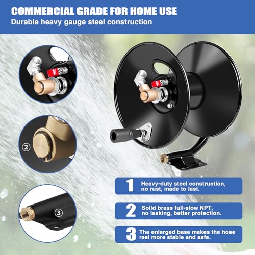 MEKOH Pressure Washer Hose Reel 50ftx3/8” / 65ftx1/4”, 4000PSI Heavy Duty Power Washer Hose Reel with M22-14 Fitting, Hand Crank Metal Reel with Wall/Trailer/Van Mount, Manual Hose Reel for Water