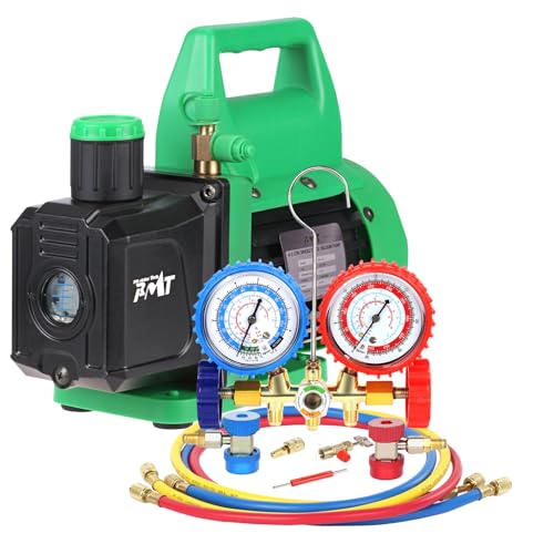 PB Motor Tech 4.5CFM Vacuum Pump & Brass AC Gauge, R134A R12 R22 R502