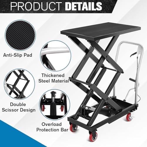 Hydraulic Lift Table Cart, 330 lbs Capacity, 50" Lifting Height, Steel - color: Black