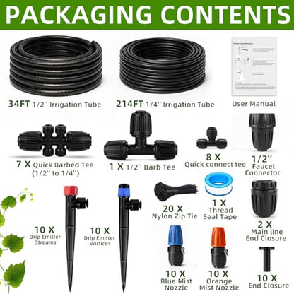 Drip Irrigation System with Quick-Connect, 248FT Complete Kit - size: 34FT 1/2''Main tube+214FT 1/4'' tube