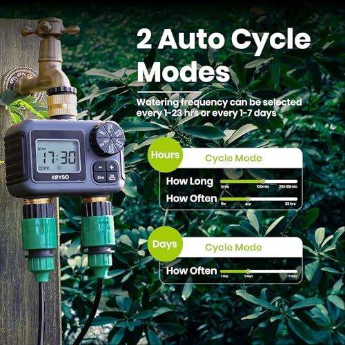 Kryso 2-Zone Sprinkler Timer with Brass Inlet & Outlet – Programmable Garden Hose Water Timer with Rain Delay, Manual & Automatic Irrigation Controller for Yard, Lawn & Outdoor Watering