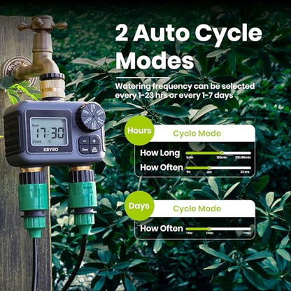 Kryso 2-Zone Sprinkler Timer with Brass Inlet & Outlet – Programmable Garden Hose Water Timer with Rain Delay, Manual & Automatic Irrigation Controller for Yard, Lawn & Outdoor Watering