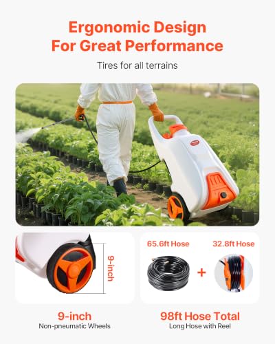 VEVOR 13.1 Gallon Battery Powered Sprayer with Wheels, Adjustable 0-80 PSI, 5 Nozzles and 98ft Hose Included, Orange - size: 13.1 Gal