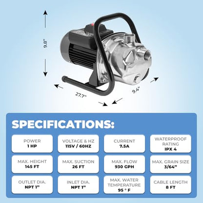 XtremepowerUS 1HP Portable Shallow Well Pump Water Transfer Pump 930GPH Pressure Booster Pump Irrigation Lawn Farm Water Removal - size: 1.0 HP Portable