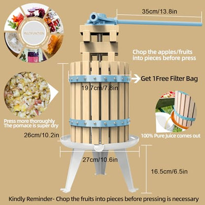 SQUEEZE master Fruit Apple Cider Wine Classic Press- 1.6 Gallon/6L-Solid Wood Basket with Fruit Apple Wine Classic Crusher -7 Litre/1.8Gallon