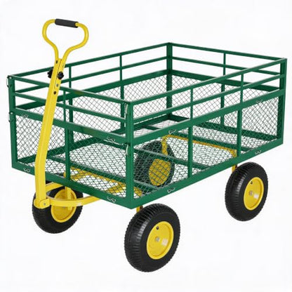 Steel Garden Cart on Wheels, 1400 Lbs Heavy Duty Yard Utility Wagon with Removable Mesh Sides, All Terrain Pneumatic Tires, Durable Metal Frame for Lawn, Garden, Farm - Green Yellow - color: Green+yellow, size: 1400LBS