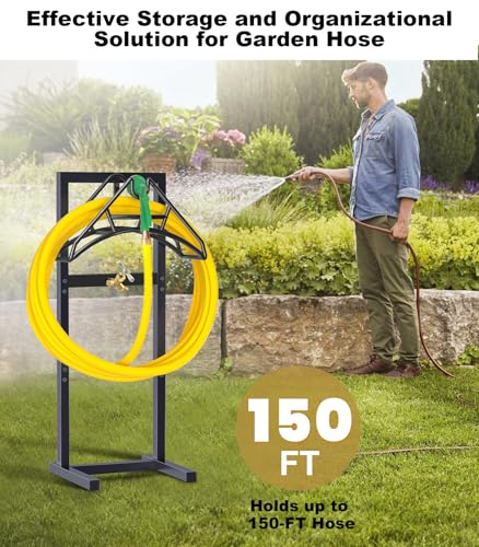 Artigarden Outdoor Garden Hose Holder Freestanding with Brass Faucet And 4 Spikes, Heavy Duty Metal Water Hose Reel Stand Hanger Rack Organizer Holds Storage 150ft Hose for Outside Yard Lawn, Black - style: Nozzle Style with Faucet
