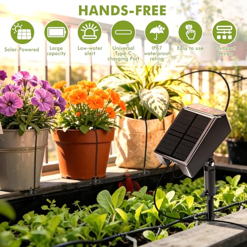 Maxmartt Solar Automatic Drip Irrigation Kit System, Solar Powered Auto Easy DIY Watering Device Supported Pots Plants, 6 Timing Modes with Anti-Siphoning Device