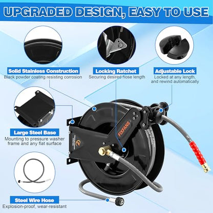 FIXFANS Pressure Washer Hose Reel with Hose for Hot Cold Water, 3/8" X 50FT - size: 50 FT